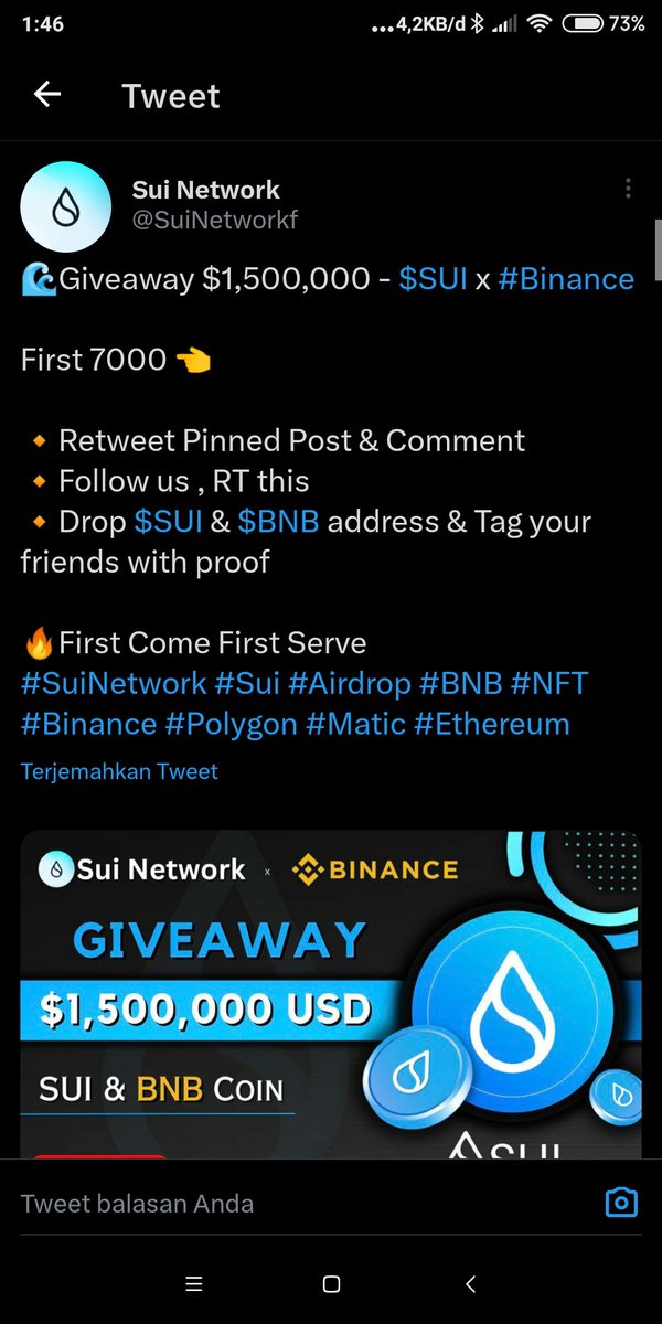 restoeb48992111's tweet photo. @SuiNetworkf Sui address
0x7891c2E10012a0A93844065579e78363DBC9772C
Bnb address
bnb1lsqc49nf50ulqdm07quh3wwztgltdtwkpv4k7j
@Imamazza234 
@Lindawati_azza 
@nanin_azza 
@Bambangsungkow 
@irfaneffendi Done ✔️ https://t.co/yepAzoaCai