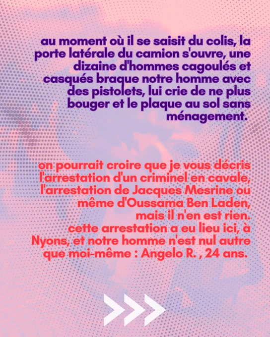 Au moment où il se saisit du colis, la porte latérale du camion s'ouvre, une dizaine d'hommes cagoulés et casqués braque notre homme avec des pistolets, lui crie de ne plus bouger et le plaque au sol sans ménagement. 

On pourrait croire que je vous décris l'arrestation d'un criminel en cavale, l'arrestation de Jacques Mesrine ou même d'Oussama Ben Laden, mais il n'en est rien. Cette arrestation a eu lieu ici, à Nyons, et notre homme n'est nul autre que moi-même : Angelo R., 24 ans ! 