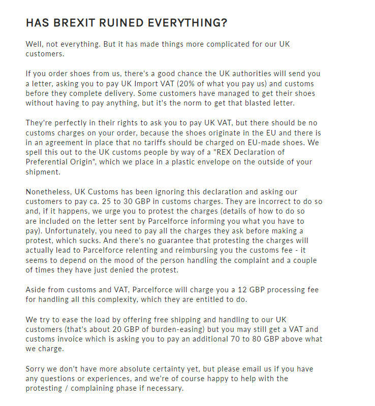 How broken is the UK? Very broken. This is the message from a German shoe designer for its British customers. A farce.

Read this and try not to break anything in your rage.