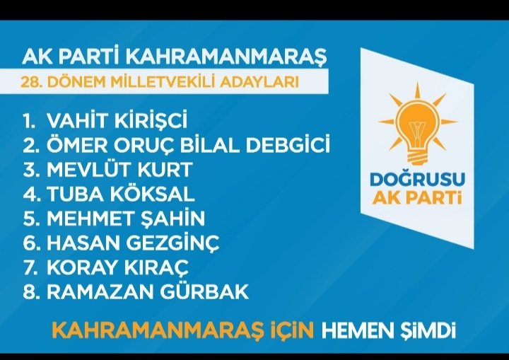 KAHRAMANMARAŞ 8.Donem Milletvekilleri Adaylarımız memleketime  hayırlı uğurlu olsun inşallah Değerli Bakanımız Sayın <a href="/VahitKirisci/">Prof.Dr.Vahit Kirişci</a> ayrıca sevindim hayırlı olsun
