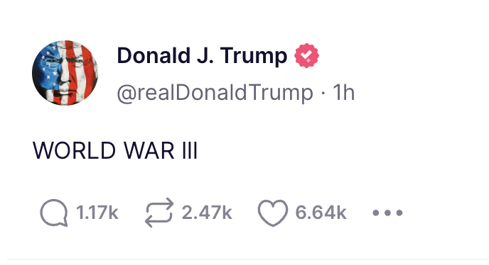 oneunderscore__'s tweet photo. I know most people have tuned this out, but Trump posts stuff like this on TruthSocial now with no context whatsoever. This is from an hour ago. https://t.co/zOsrs6S8jw