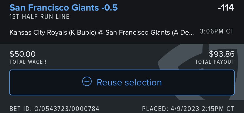 bebo_bets's tweet photo. $50 -> ?

Giants F5 -0.5

#GamblingTwitter #ScaredMoneyDontMakeMoney https://t.co/WHqVBKtK5M