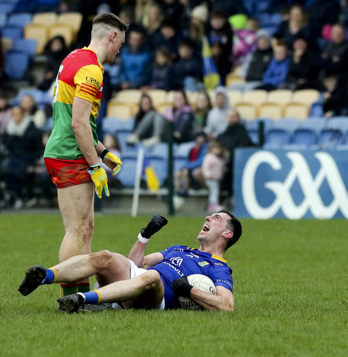 09-04-2023. Wicklow captain Padraig O'Toole makes his feelings clear to Carlow's Seanie Bambrick during the Wicklow v Carlow Leinster SFC 1st round, Echelon park, Aughrim. Great win for McConville's Blue army 2-12 to 0-10. All Photographs: Garry O'Neill. #CapturingHistory @PPAI