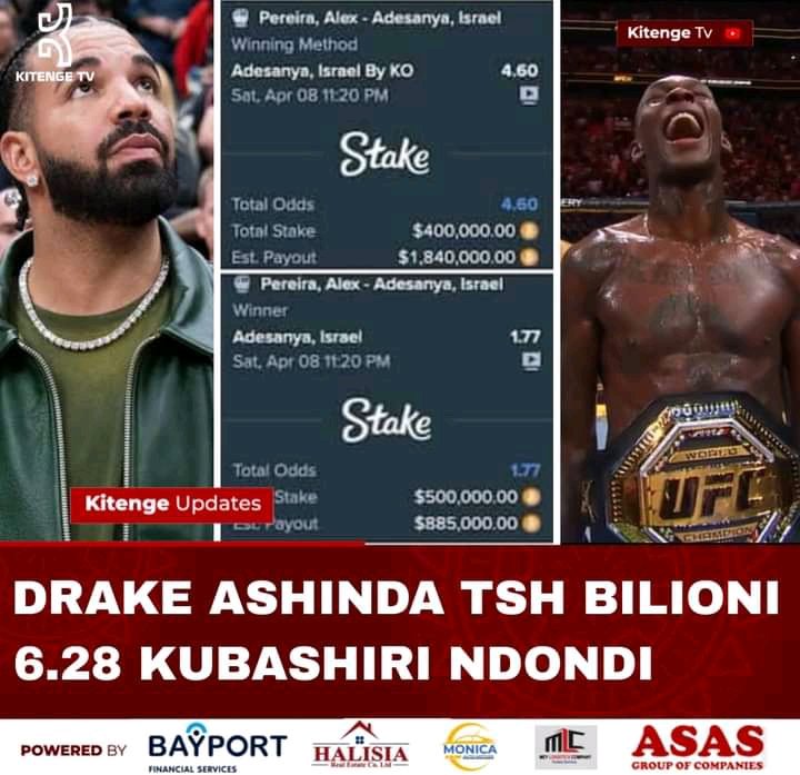 Drake aliweka dau la $500,000 kwa Adesanya kushinda na kujishindia $885,000 lakini pia aliweka dau la $400,000 ili ashinde kwa KO na kujikusanyia dola milioni 1.8 ambapo jumla ameshinda takribani dola milioni 2.7
Nini maoni yako?? Retweet tuone maoni....
Source : kitengesports