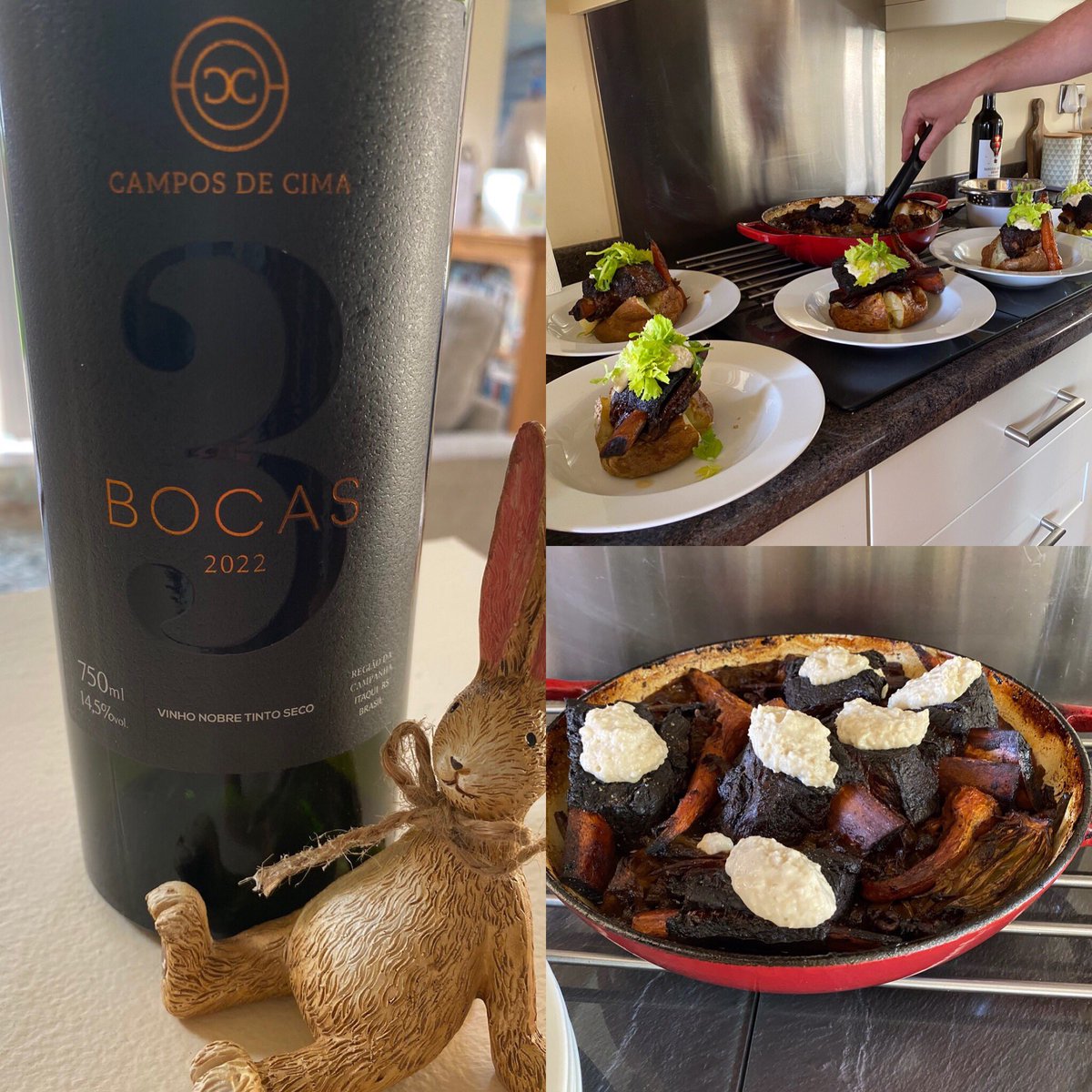 Fabulous Easter lunch, courtesy of hubby, of  delicious beef short rib <a href="/jamieoliver/">Jamie Oliver</a>, accompanied by A super Brazilian wine from <a href="/GoBrazilWines/">Go Brazil Wines</a> Tres Bocas - a Tannat, Cab Franc, Petit Verdot blend. Sumptuous dark fruits abound in this unoaked red. 🍷