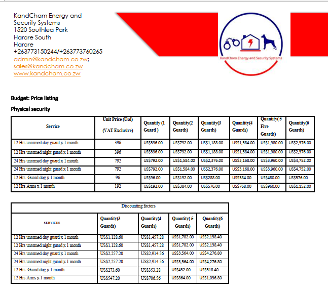 kandcham's tweet image. @kandcham Below are our price list for unarmed guards service. Please don&apos;t hesitate to get in touch with our office on the following numbers for inquiries. +263773150244 or +263773760265
or your can send an email on sales@kandcham.co,zw;admin@kandcham.co.w