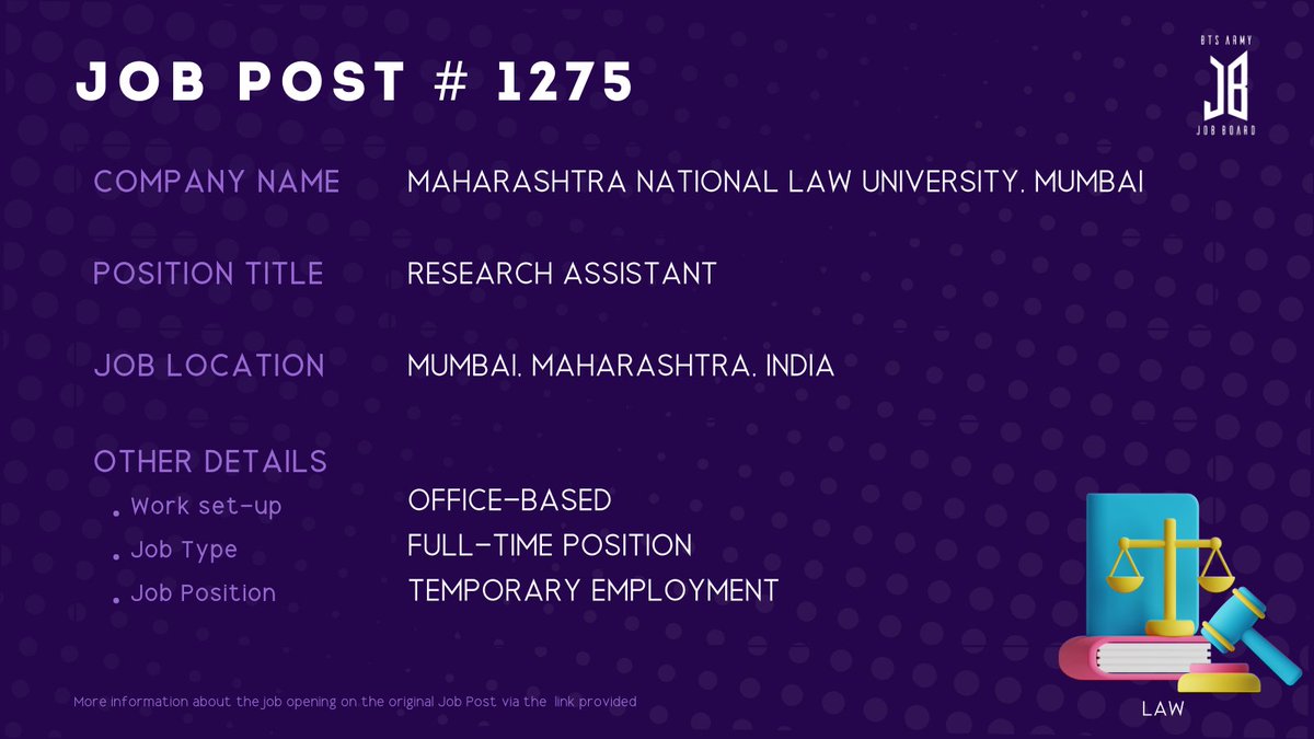 BTSARMYJobBoard's tweet photo. #BAJBIndia
MUMBAI, MAHARASHTRA, INDIA
https://t.co/w0mCqEREiE
#BAJBLaw #BAJBResearch
ARMYs, kindly contact the job poster / hiring party directly for more information. π€
Good luck! π https://t.co/rlNOa1Y5MP