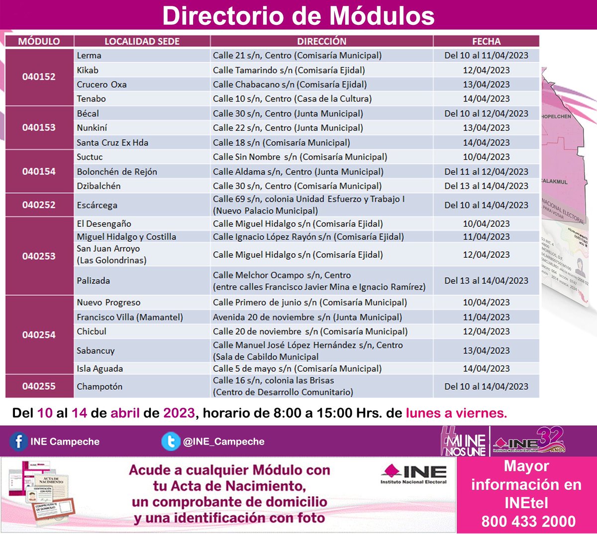 ⚠️Atención⚠️ El INE Campeche avisa a los vecinos de #Lerma #Bécal #Suctuc #Escárcega #ElDesengaño #NuevoProgreso y #Champotón que los módulos empadronarán en sus localidades este 10/04/2023, aprovechen a realizar su trámite; mayor información en <a href="/INEtelMX/">INEtelMX</a> al teléfono 8004332000.