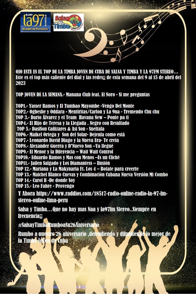 salsaytimbaperu's tweet photo. TOP DE LA TIMBA JOVEN DE CUBA DE SALSA Y TIMBA del 9 al 15 de abril del 23
TOP JOVEN DE LA SEMANA.- Papucho y @Manana Club - Si me preguntas
TOP1.- Yasser Ramos y El Tumbao Mayombe 
TOP2.- Ogbeshe y Oddara /Carlon y La 9na - 
Dario Álvarez 
Y Ahora https://t.co/tzdwTT58j2 https://t.co/kr9wRUmfK1