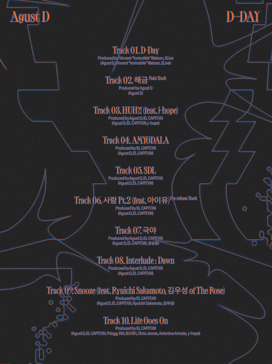 charts_k's tweet photo. Agust D "D-DAY" Tracklist

1. D-Day
2. Title: 해금 (Haegeum*) (traditional Korean instrument)
3. HUH?! (feat. j-hope)
4. AMYGDALA
5. SDL
6. People Pt.2 (feat. IU)
7. 극야* (Polar Night)
8. Interlude : Dawn
9. Snooze (ft. Ryuichi Sakamoto, Kim Woosung of The Rose)
10. Life Goes On https://t.co/2jBsOqzLjW