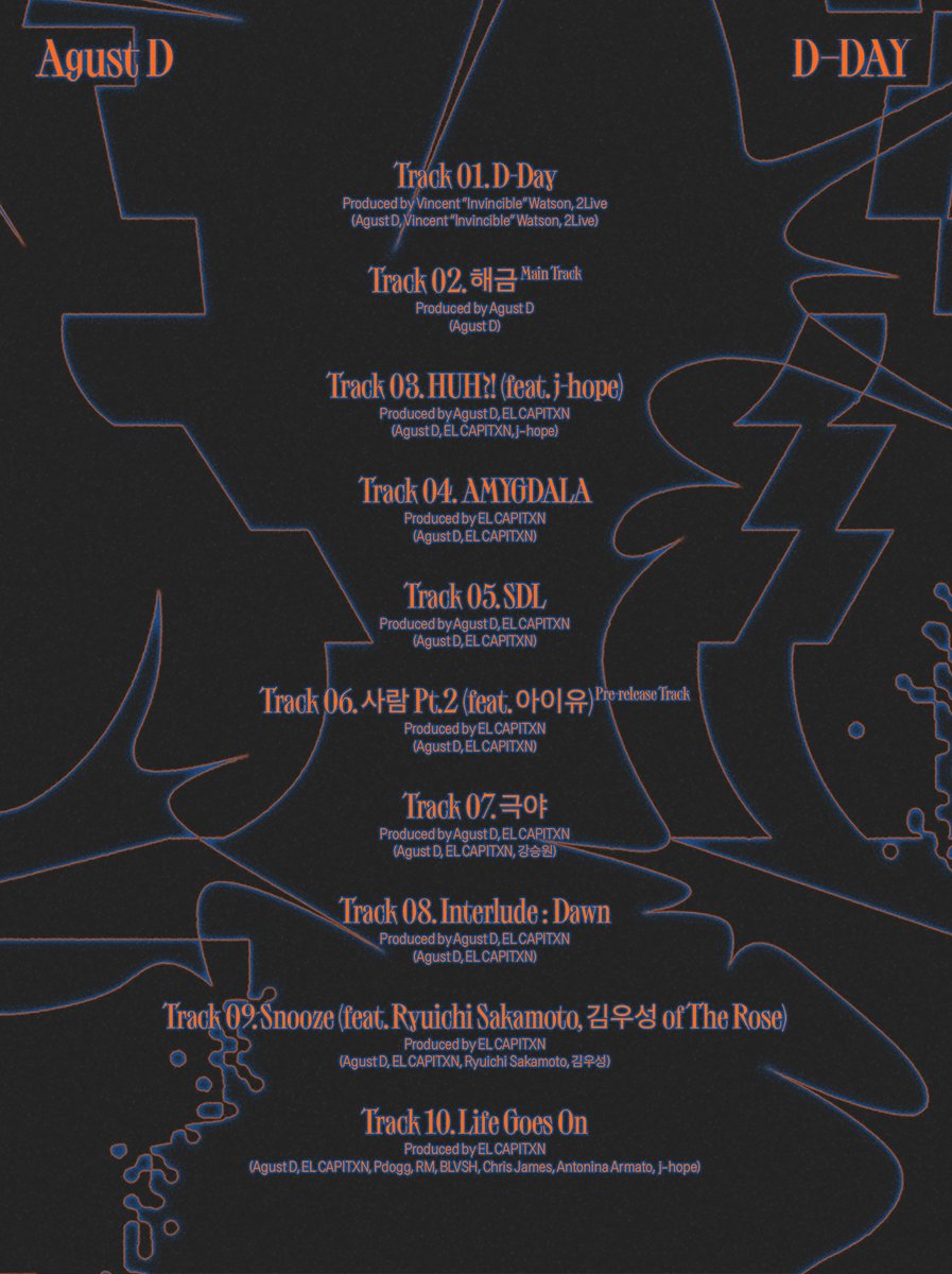 Agust D 'D-DAY' Tracklist

1. D-Day
2. Title: 해금 (Haegeum*) (traditional Korean instrument)
3. HUH?! (feat. j-hope)
4. AMYGDALA
5. SDL
6. People Pt.2 (feat. IU)
7. 극야* (Polar Night)
8. Interlude : Dawn
9. Snooze (ft. Ryuichi Sakamoto, Kim Woosung of The Rose)
10. Life Goes On