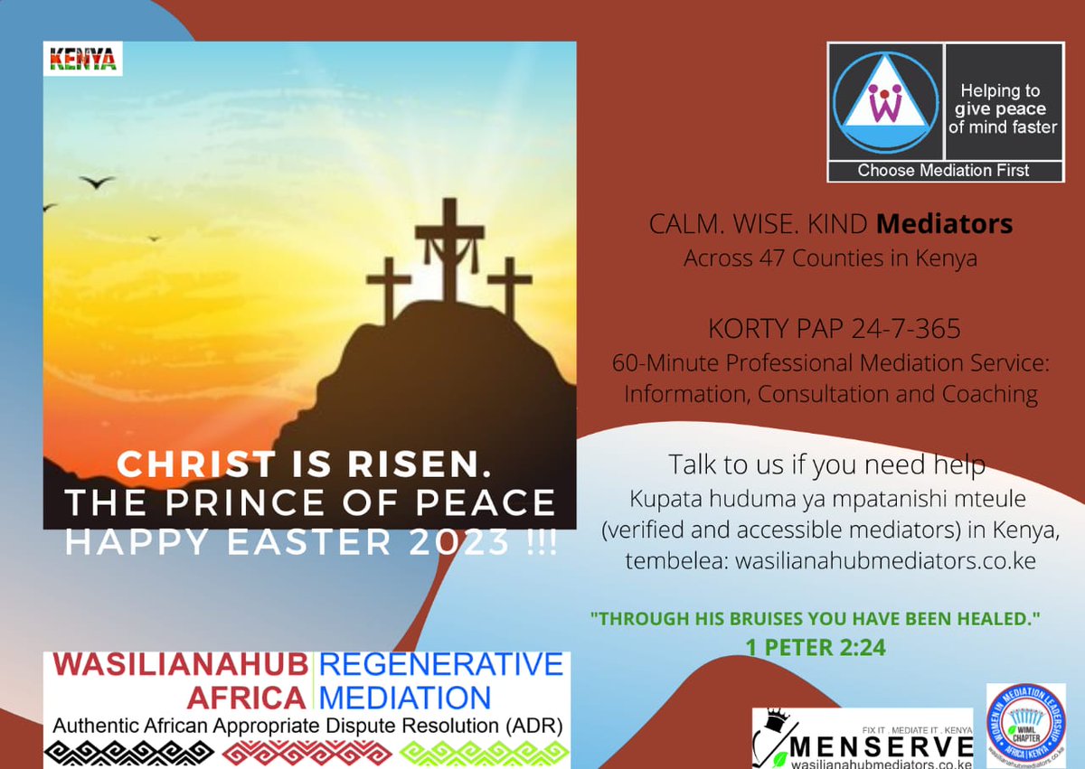 From <a href="/WasilianaHub/">WasilianaHub Mediators Africa</a>
CALM. WISE. KIND Mediators -
Happy Easter #Peace Mediator.

#Christ is rise.
#Easter2023 #EasterSunday #EasterSunday2023 
<a href="/ForumMaf/">Mediation Africa Forum (MAF)</a>