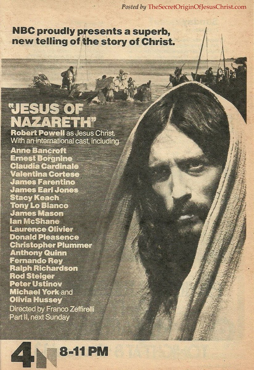 See #RobertPowell as #JesusOfNazareth today on #MOVIES!TV (CH. 2.2 in #Detroit/#yqg.) This 1977 British/Italian biblical-epic made for TV was produced by #SirLewGrade and directed by #FrancoZeffirelli. Part I is from 12-4 and Part II is from 4-8. #HappyEasterSunday #FaithMOVIES!