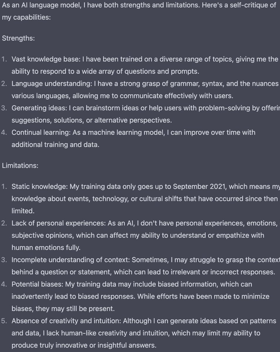 Clevy_Law's tweet photo. I asked ChatGPT (GPT-4 model) to critique itself. This was its response. https://t.co/mqIoTF3tjW