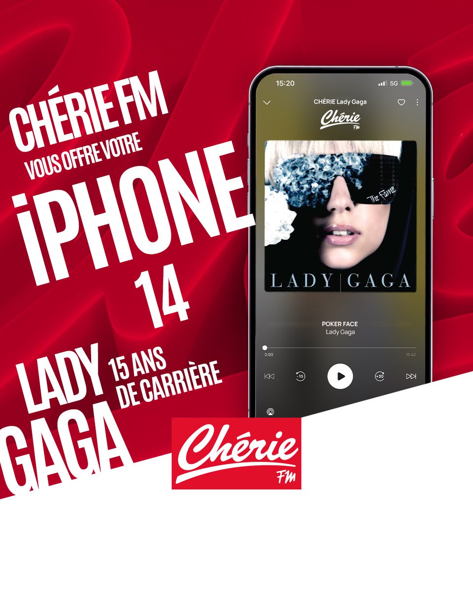 Semaine spéciale sur #ChérieFM ❤️‍🔥
👉 Pour les 15 ans de carrière de @ladygaga on vous offre votre iPhone 14 !
Dès que vous entendez 2 titres de LADY GAGA à la suite, appelez CHÉRIE FM au 3937.

👀 Tous les jours à 18h30, retrouvez Le Collector du #ClubChérie spécial #LadyGaga !