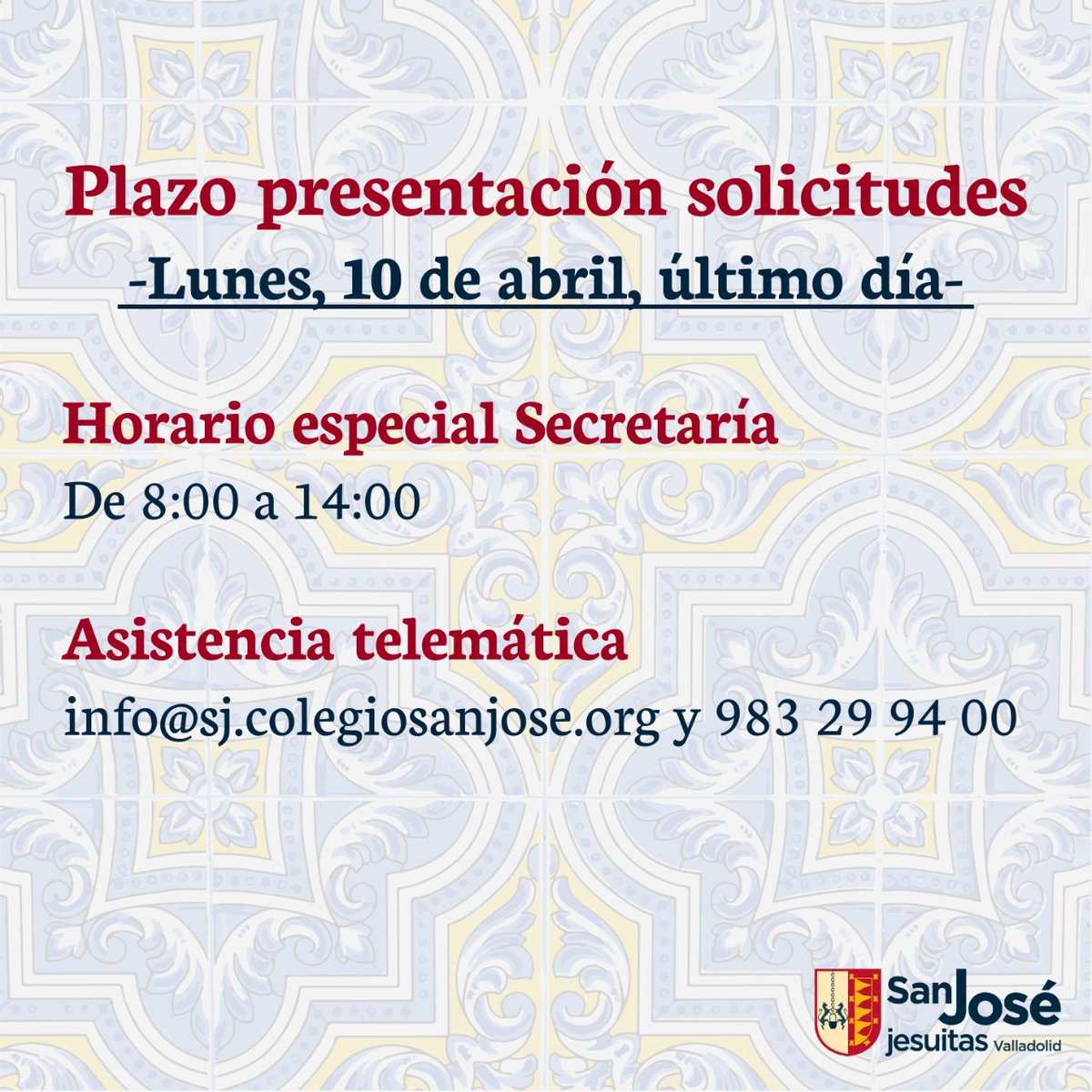 csjva's tweet photo. 🔴Mañana, LUNES 10, último día para presentar solicitudes de admisión🔴⏰

⏰Horario especial Secretaría de 08:00 a 14:00. https://t.co/TzvLwySVXb