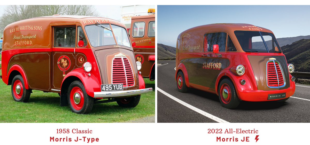 CyberMotorist's tweet photo. The 1958 #Morris J-Type and its modern successor the #MorrisJE @MorrisComm

#ElectricVans #ElectricVan #RetroVan #Retro #ClassicCars  #VintageAutomobiles #BritishHistory https://t.co/hZeMJk662D