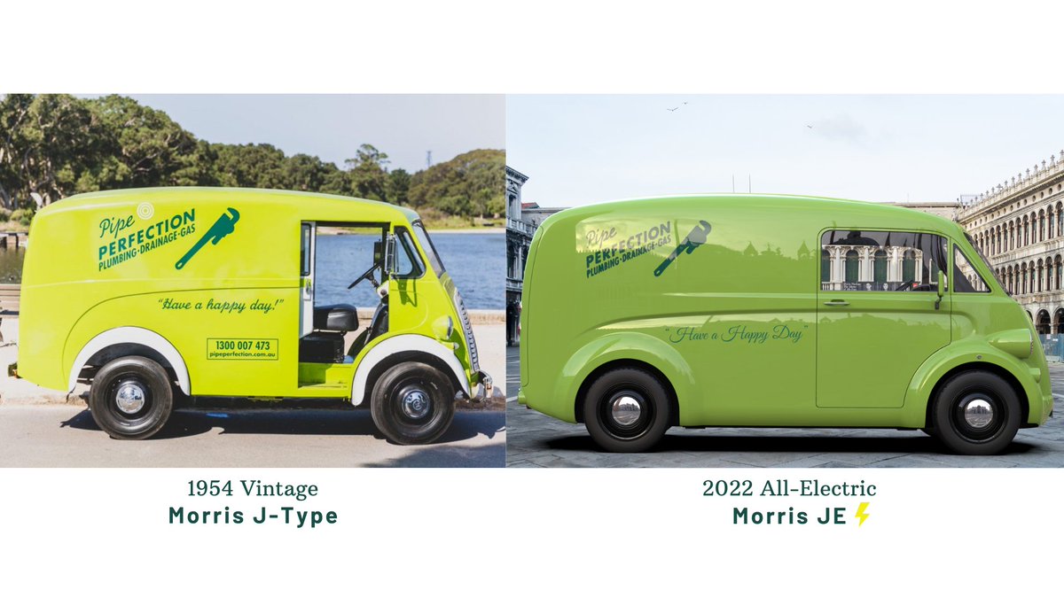CyberMotorist's tweet photo. The 1958 #Morris J-Type and its modern successor the #MorrisJE @MorrisComm

#ElectricVans #ElectricVan #RetroVan #Retro #ClassicCars  #VintageAutomobiles #BritishHistory https://t.co/hZeMJk662D