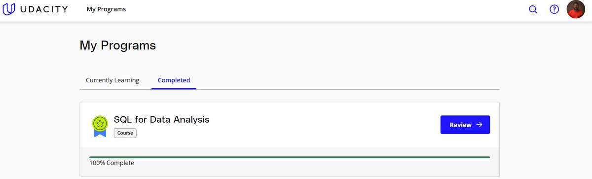 Arinzeyy's tweet image. Today, i finished my first SQL course on Udacity. It took me about a month to go through the entire outline. I learned about
Basic aggregations,
SQL joins,
Subqueries and Windows functions.
#DataScience #learningdata #LearnDataAnalyticswithTina