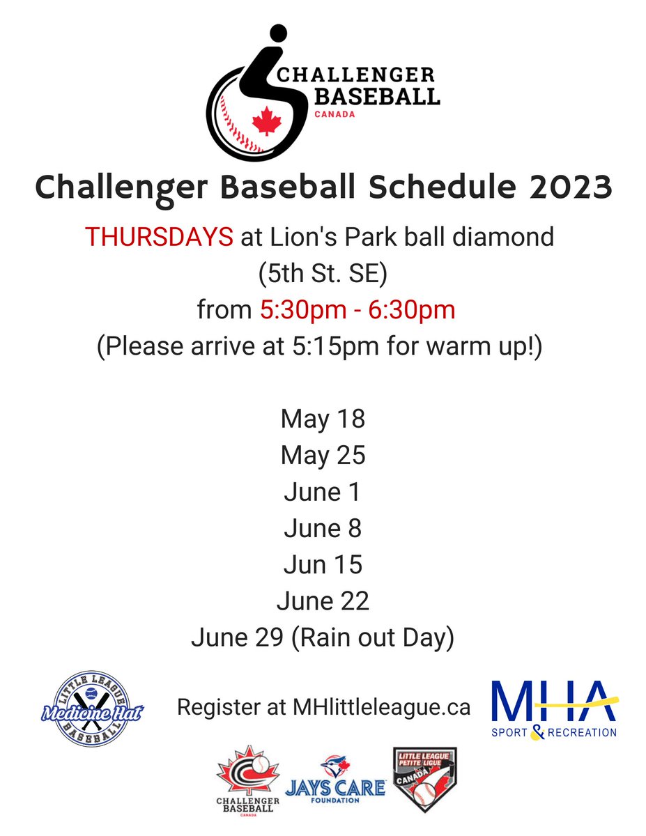 Let's Play Ball! ⚾️

Challenger Baseball registration is open! This program is a free baseball program in partnership with Medicine Hat Little League! 

go.teamsnap.com/forms/352254/s…

Please share!