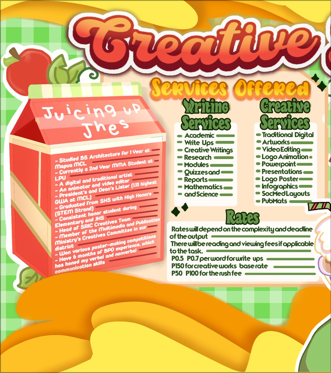 creativejhes's tweet photo. Hey there! I may be new to commverse, but when it comes to lending a helping hand, I'm no rookie! 😉

I'm Jhes, your trusty sidekick when your creative juice is running on empty! 🧃 My specialty? All things multimedia arts and essays! ✨

Don't hesitate to hit me up! 💚 https://t.co/vtxwRnQh8b