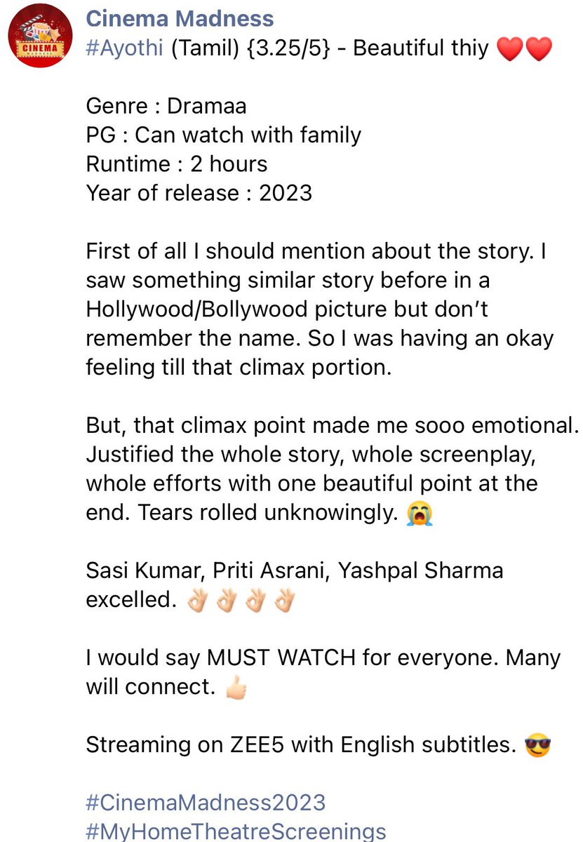 CinemaMadness24's tweet photo. 70. #Ayothi (Tamil) {3.25/5} 👌🏻😭
#Drama #AyothiReview #Ayothionzee5 #AyothiMovie #RManthiraMoorthy @SasikumarDir #PreethiAsrani @iyashpalsharma @VijaytvpugazhO @DirectorBose @ZEE5India @tridentartsoffl @NRRaghunanthan @Sanlokesh @saregamasouth @ZEE5Tamil https://t.co/lhLZoMQNqb
