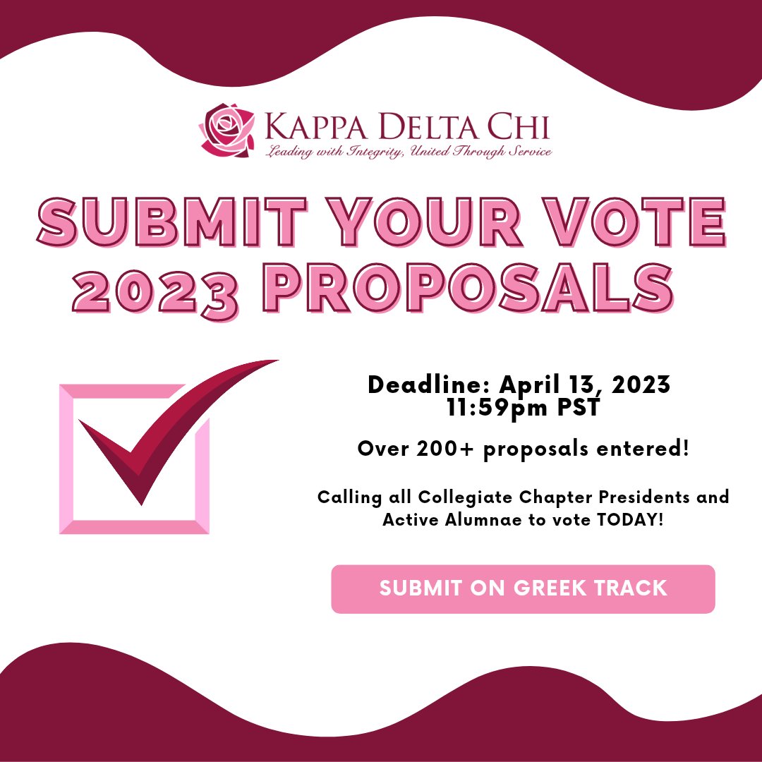 KDChi's tweet image. We have extended our deadline for your votes in the 2023 Proposals! Please submit your vote by Thursday, April 13! 

#kappadeltachi #kdchi #kdchiproposals #kdchivotes23
