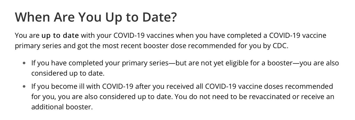 BearGauss's tweet photo. Can anyone clarify this very confusing language by @CDCgov re "up to date"??  Same page, second paragraphs shortly follow the first.  First suggests "up to date", then covid infection -> no more boosters "req".  @VPrasadMDMPH @rfsquared @DrJBhattacharya @NCM4Ever @LadySpaulding11 https://t.co/vJbCfJSinv