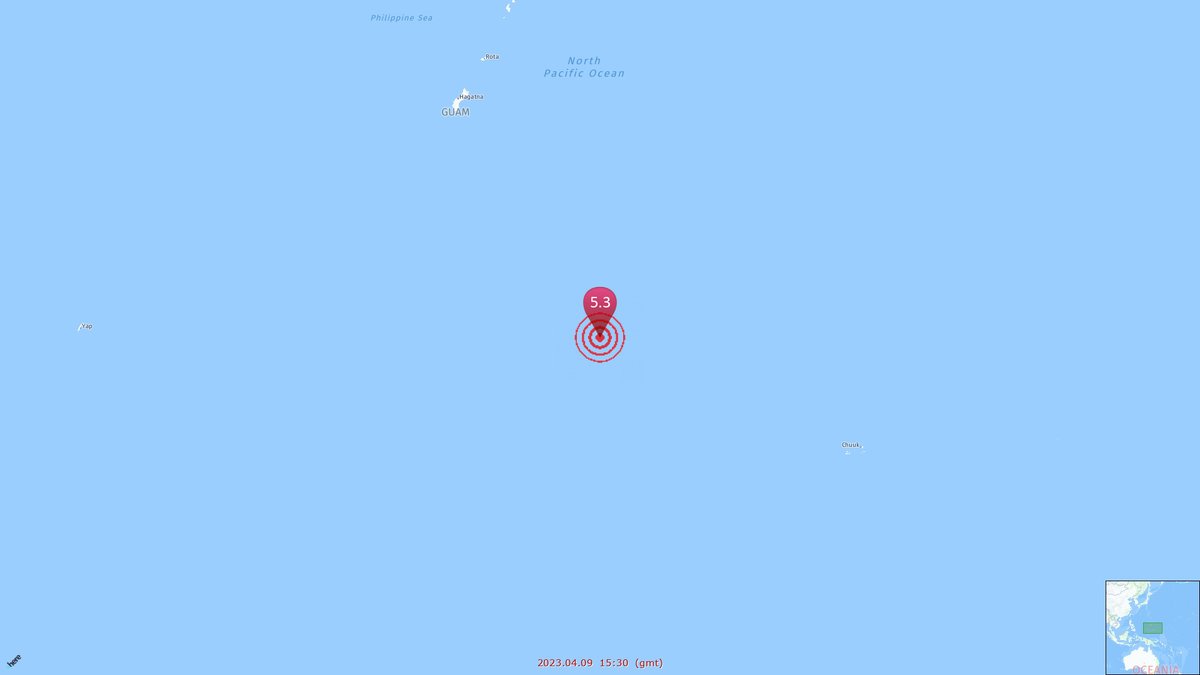 ⌚ 2023.04.09  15:30  (gmt)
🏠 04.10  01:30,  27℃/81℉ ☁
⭕ 5.3
🗺 State of Yap, Federated States of Micronesia     
Earthquakes.eu.org/?@dXM2MDAwazMy…
     
#earthquake     
#yap  #federatedstatesofmicronesia