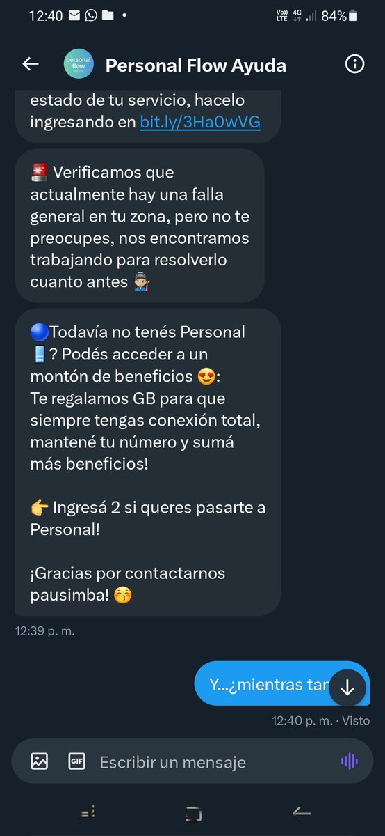 pausimba's tweet photo. @PersonalAr @PersonalFlow_At una se pone en contacto xq no hay Internet (si...otra vez) te avisan que hay un problema en la zona y paso siguiente te mandan un mensaje para que te pases a personal. Si, si, claro ¿A quien se le ocurre esta pésima estrategia? Quiero Internet https://t.co/WhvVkWxhwZ