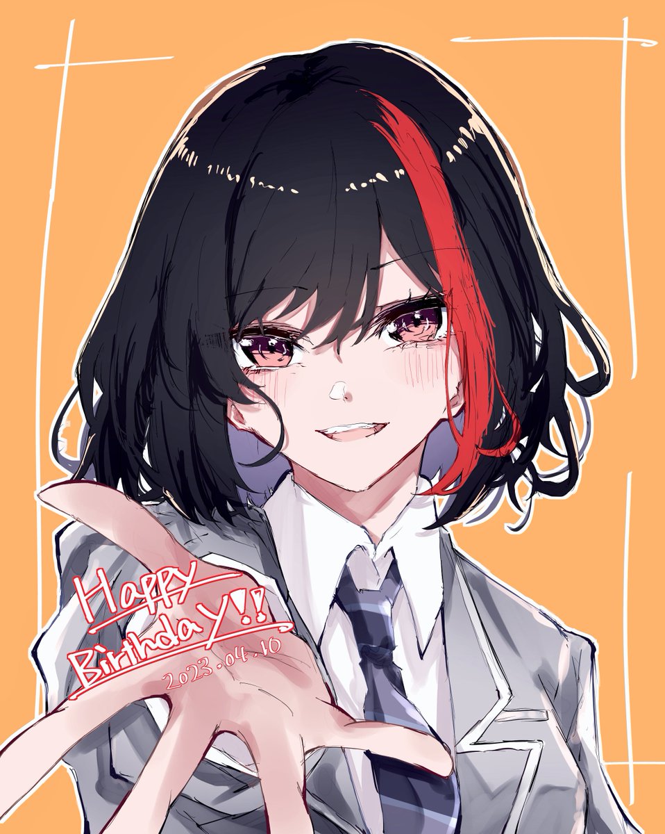 mitake ran 1girl solo black hair red hair streaked hair necktie happy birthday  illustration images