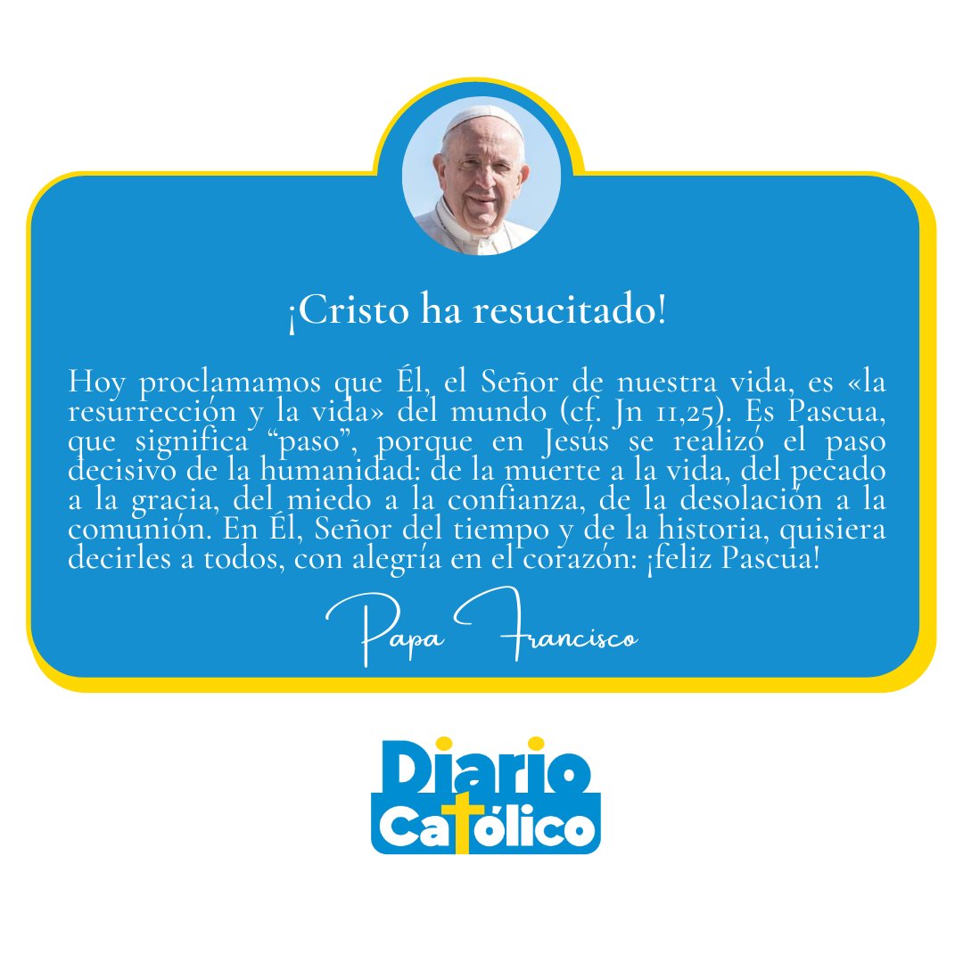 DiarioCatolicoR's tweet image. ¡Feliz Pascua de Resurrección! ¡Jesucristo ha resucitado! ¡Verdaderamente ha Resucitó!

Les compartimos el MENSAJE URBI ET ORBI del Papa Francisco @Pontifex_es para la #Pascua2023

Balcón central de la Basílica Vaticana Domingo, 9 de abril de 2023. Leer vatican.va/content/france…