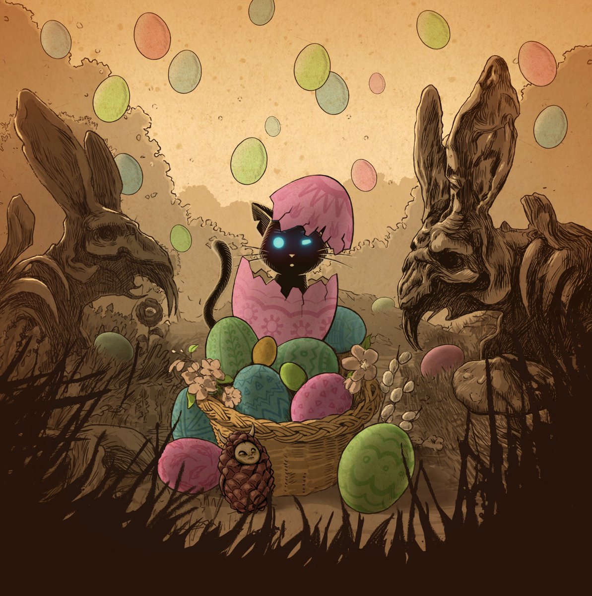 Too gloomy of an Easter card? We don’t think so. You’ve got bunnies, just like the chocolate ones. Eat as many treats as you like, my dears. Baba the Witch likes chubby children.

#eastermagic #eastervibes