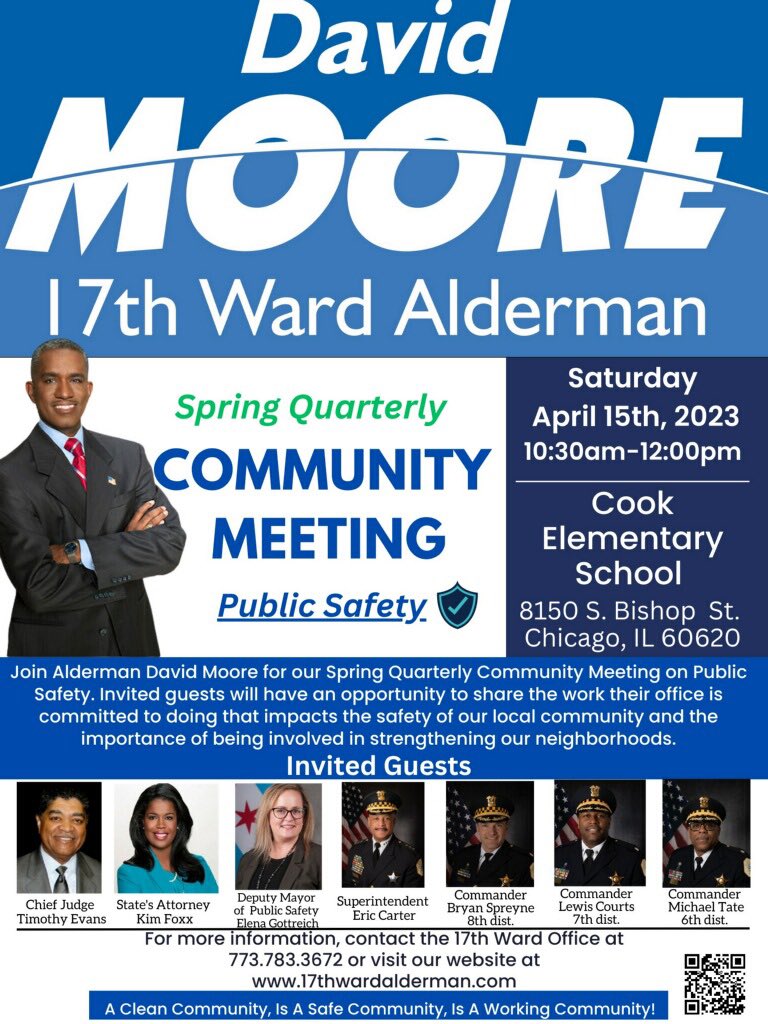 AldermanHMoore's tweet photo. Informing 17th ward residence 

This Saturday April 15th we will be having our Spring Community Meeting at Cook Elementary School https://t.co/1KEIs2KOza