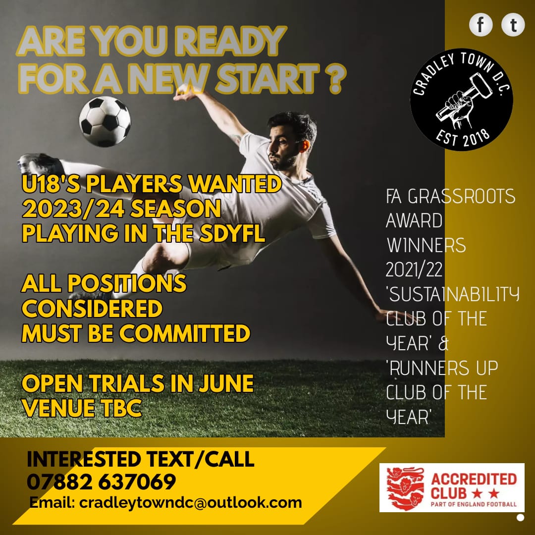 U18'S PLAYERS WANTED - 2023/24 SEASON. All positions considered.  Please complete the Expression of Interest Form so we may invite you along to our Open Trials in June
forms.gle/pm6YVQTN6Zr592…

<a href="/BirminghamFA/">Birmingham County FA</a> <a href="/BC_CoachesClub/">CoachesClubCIC</a> @scvo <a href="/BCbeactive/">Active Black Country</a>
