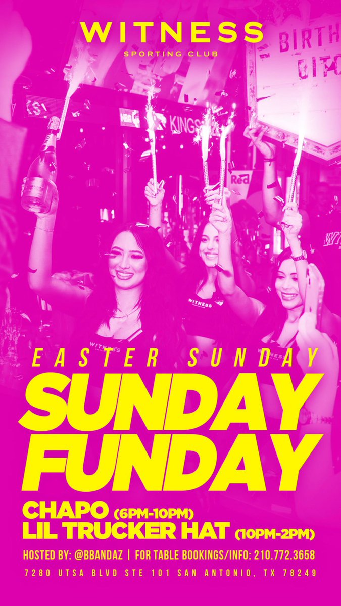 Easter Sunday funday at Witness! 🐣🎉

<a href="/Chavarria_1/">Juan (Chapo)🍾</a> (6 pm - 10 pm)
<a href="/liltruckerhat/">lil trucker hat</a>  (10 pm - 2 am)