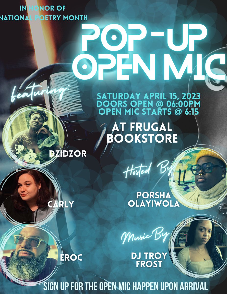 Calling all poets & poetry-enthusiasts. Join us Saturday for a special event. Porsha Olayiwola will be hosting a Pop-Up Open Mic featuring @dzidzorazaglo, @erocsoulbear, and Carly with music by @djtroyfrost! Doors open at 6pm.