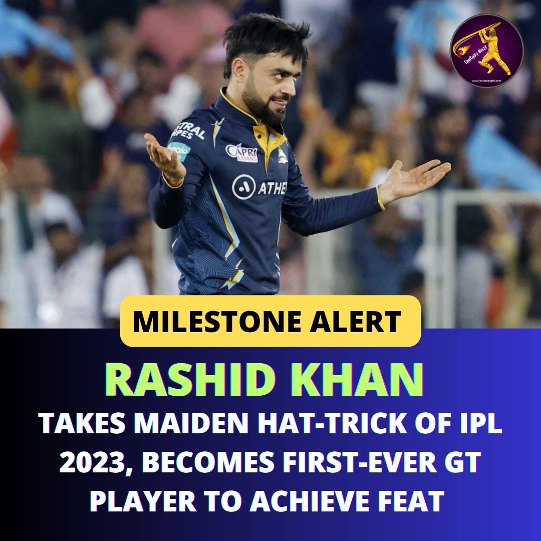 Fbuzz11_Ranjesh's tweet photo. Rashid Khan has become the first player to take a hat-trick in the 2023 Indian Premier League. 

The Afghan T20 superstar accomplished this in his side's match against Kolkata Knight Riders at the Narendra Modi Stadium in Ahmedabad.
.
#RashidKhan | #GujaratTitans | #GTvsKKR #IPL https://t.co/H7DL2tsXQo