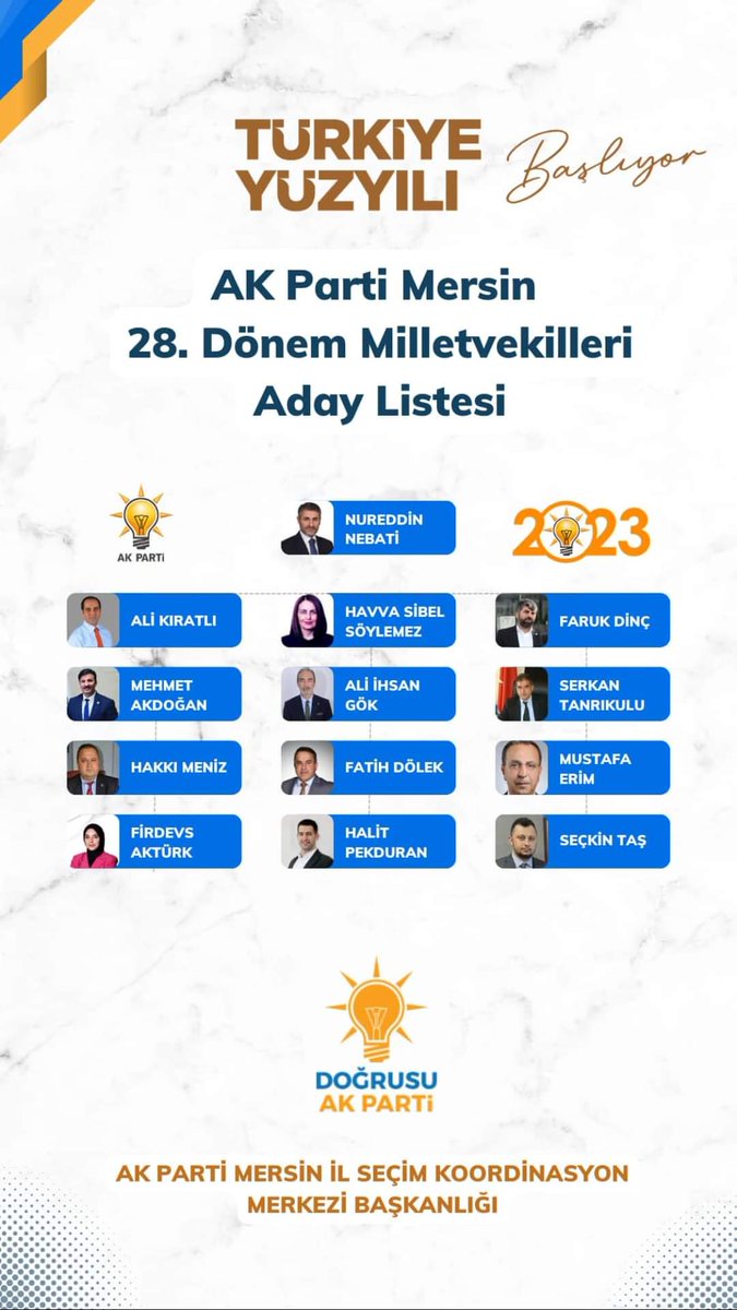 Mersin ve Türkiye için hayırlı olsun.
Mezitli eski ilçe başkanım Ali Kıratlı'nın aday listesinde olması bizleri memnun etti.
