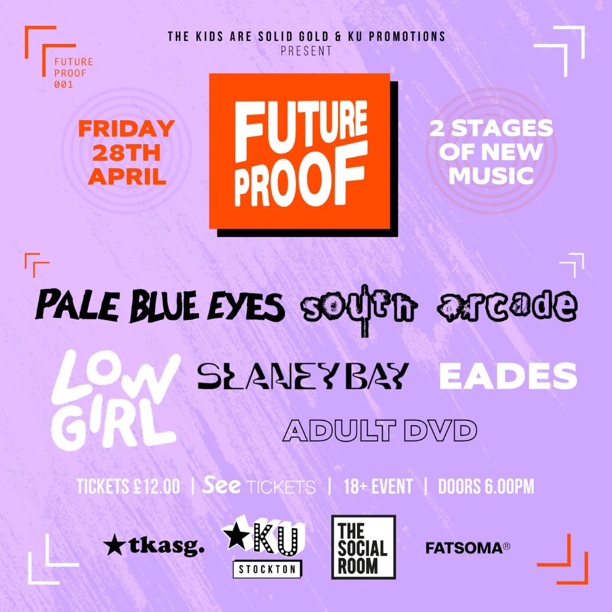 Next up: We're back in Stockton at @ku_stockton & @SocialStockton on Friday 28 April for Future Proof, our ace new co-promo with @jimmyjukebox. Two stages showcasing 6 of the most exciting new acts around. Listen here: open.spotify.com/playlist/5kq6p… Tix: fatsoma.com/e/q9e6wfm8/fut…