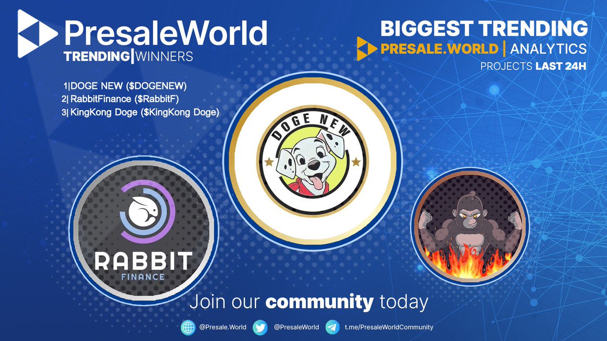 PresaleWorld's tweet photo. Trending on https://t.co/dzdi953zRQ!

1. DOGE NEW • @DogeNewbsc
2. RabbitFinance • @RabbitFinance_x
3. KingKong Doge • @kingkongdoge
4. QuestFi • @questfi_
5. DuckyCoinAI • @CoinDucky

See all the top trending presales from across the market at https://t.co/kRd2UGVASa

#crypto #cryptocurrency #presaleworld $PW 🌎💙