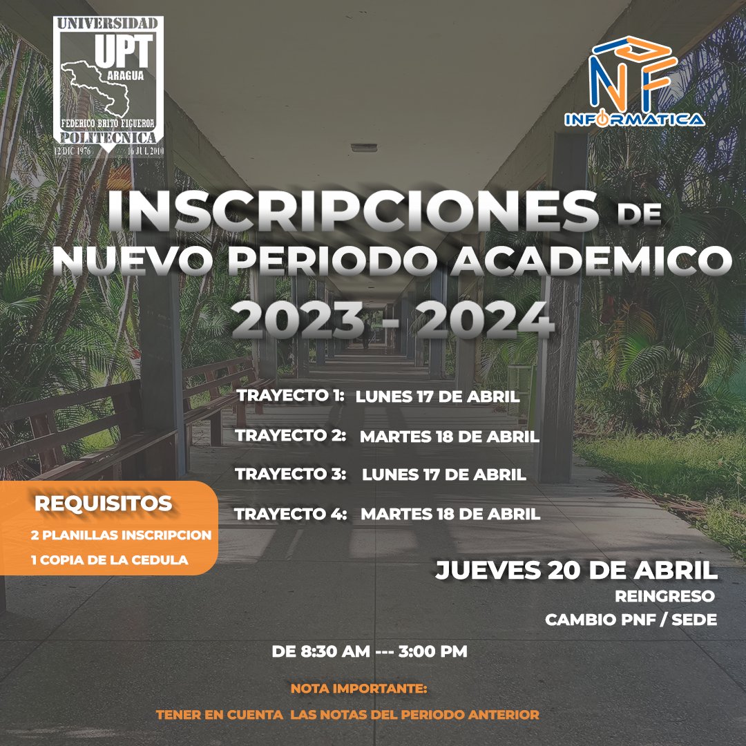 Uptainformatica's tweet photo. Amigo(a) estudiantes de PNF INFORMATICA estas son las fechas para las inscripciones del nuevo periodo académico 2023, tambien la atención de casos especiales para más información consulta al DM
@BettysMunoz @UPTAragua   #SomosUPTAragua https://t.co/ISjJkNbdxJ