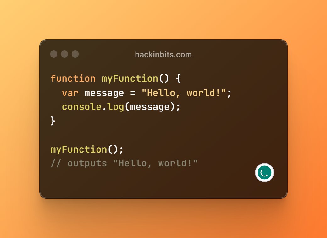 hackinbits's tweet image. "The 'var' keyword in JavaScript allows you to declare a variable that is function-scoped, meaning if a variable is defined inside a function, it can only be accessed within that function.
#JavaScript #webdevelopment #coding"