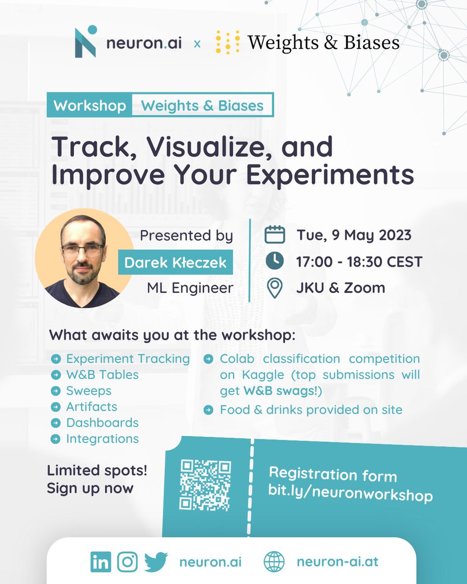 📢 #MachineLearning enthusiasts, join our <a href="/wandb/"></a> workshop on May 9th at 5 pm CET to learn about Experiment Tracking, Dashboards/Reports, and more! 

Plus, participate in a <a href="/kaggle/">Kaggle</a> competition with swag prizes for the winner! 🥇🎁

👉🔗Use our website to register now!