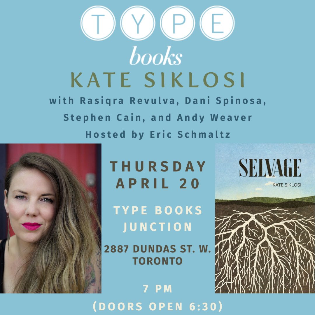 Toronto! Please join me for the launch of Selvage on April 20 @typebooks (Junction). I’ll be reading with my pals @rasiqra_revulva, @cainstephen, @GenericPronoun, @eschmaltzzz & Andy Weaver & would love to see you there as I welcome my second child into the world. ♥️