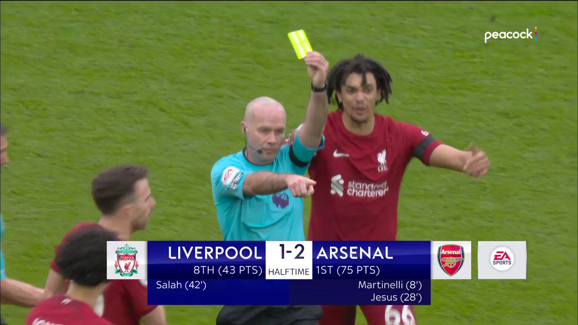 NBC Sports Soccer on Twitter: "Andrew Robertson has been issued a yellow card and Jordan Henderson appears to bump one of the assistant refs at the half. 📺: @peacock | #LIVARS https://t.co/bXpVD8TyQ2" /