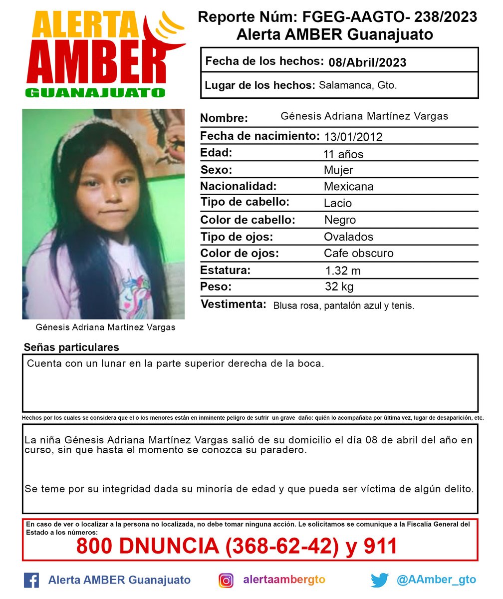 AAMBER_gto's tweet photo. Activación de la Alerta AMBER Guanajuato de la niña Génesis Adriana Martínez Vargas de 11 años de edad, Salamanca, Gto. ¡Ayúdanos a localizarla! https://t.co/R7e6smFFyL