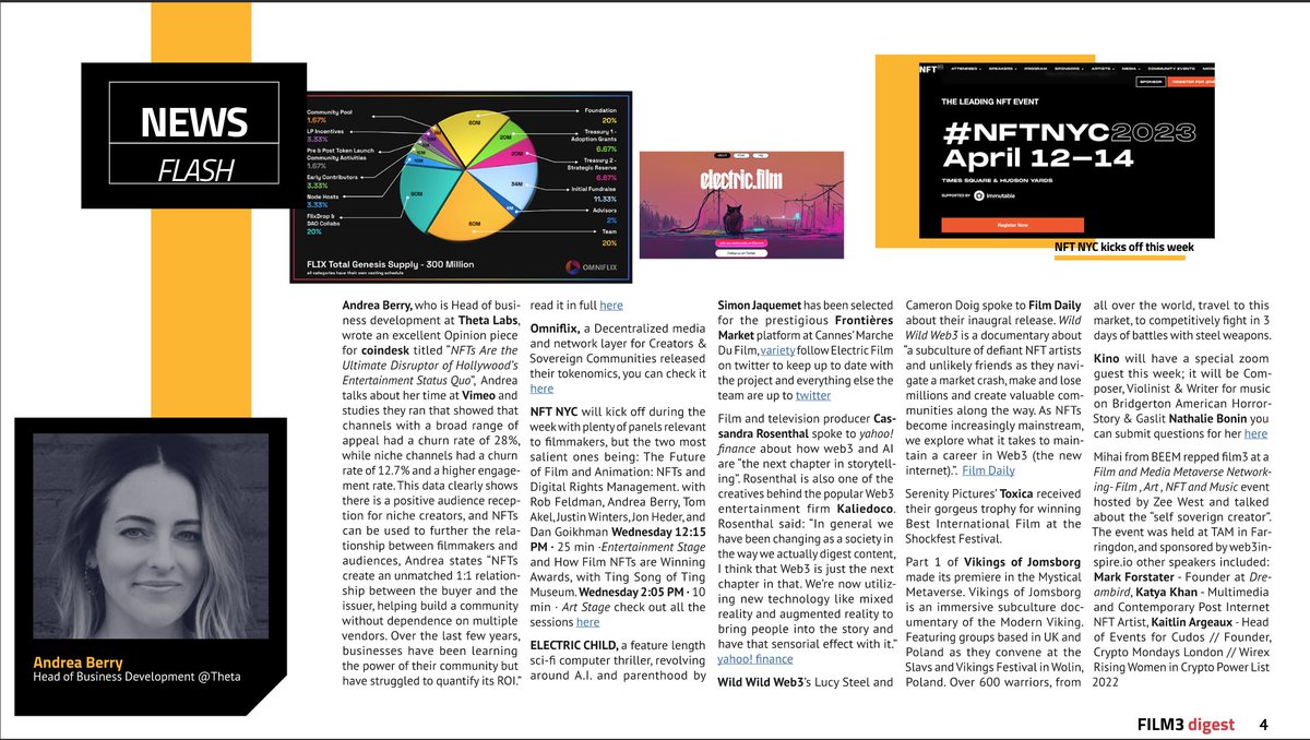 In the news this week is <a href="/hiddenmythos/">HIDDEN😈ONES</a> <a href="/Theta_Network/">Theta Network</a> <a href="/OmniFlixNetwork/">OmniFlix Network ⚛️🎬</a> <a href="/NFT_NYC/">NFT.NYC</a> <a href="/calladitafilm/">CALLADITA / The Quiet Maid</a> <a href="/el3ctricfilm/">electric.film⚡#film3</a> <a href="/wildwildweb3doc/">Wild Wild Web3 🎥In Production</a> <a href="/toxica/">Sheena Harrison</a> <a href="/AbanteP_Film/">Abante Productions</a> <a href="/kinomakesmovies/">KINO</a> <a href="/beemxyz/">Beem</a>
