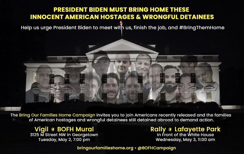 TahbazTara's tweet photo. Please join me along with other families of wrongfully detained Americans &amp; recently released hostages on May 2 at the @BOFHcampaign vigil, as well as rally on May 3 in DC to help us encourage @POTUS to #FinishTheJob &amp; #BringThemHome. @FreeMorad1 https://t.co/ysO2NdhkIz