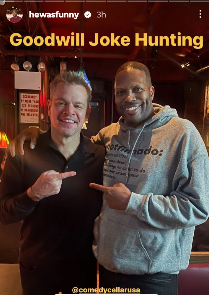 gilthegreat86's tweet photo. Look who my cousin #JonLaster ran into #MattDamon #ComedyCellarNYC https://t.co/aodW9UhYjg